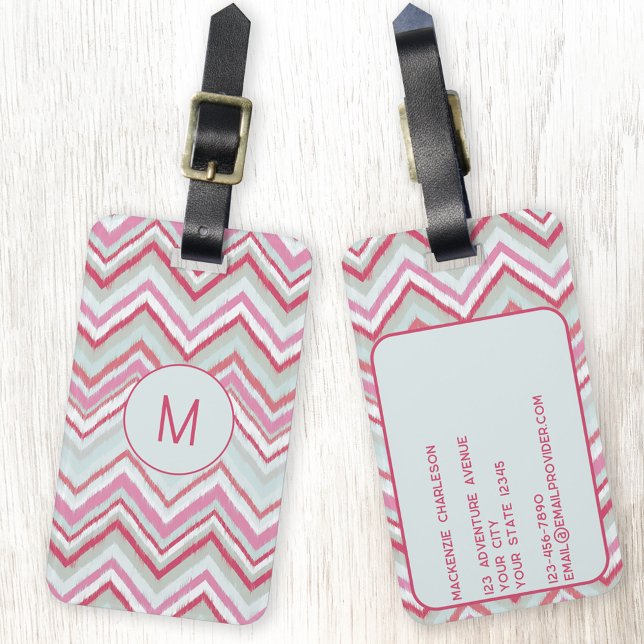 Modern Ikat Chevron Rand Monogram Initial Bagagebricka (Abstract monogram initial Ikat chevron geometric zigzag stripe pattern personalized luggage tag)