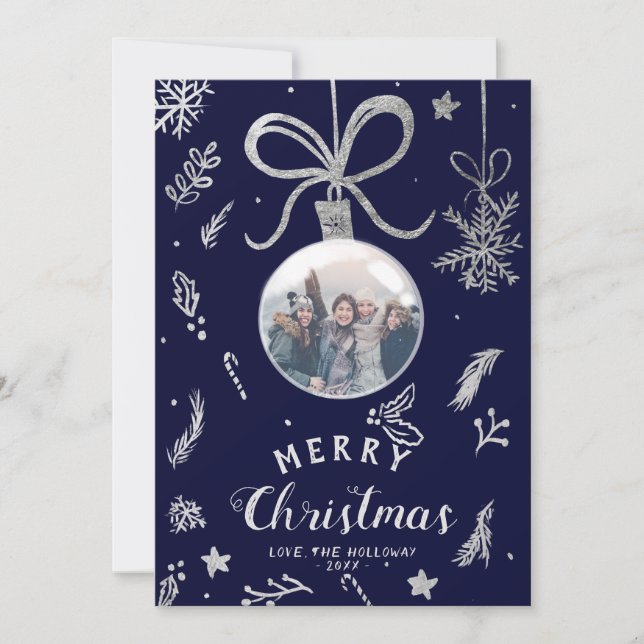 Modern illustration av boll-fotot i silver julkort (Framsida)