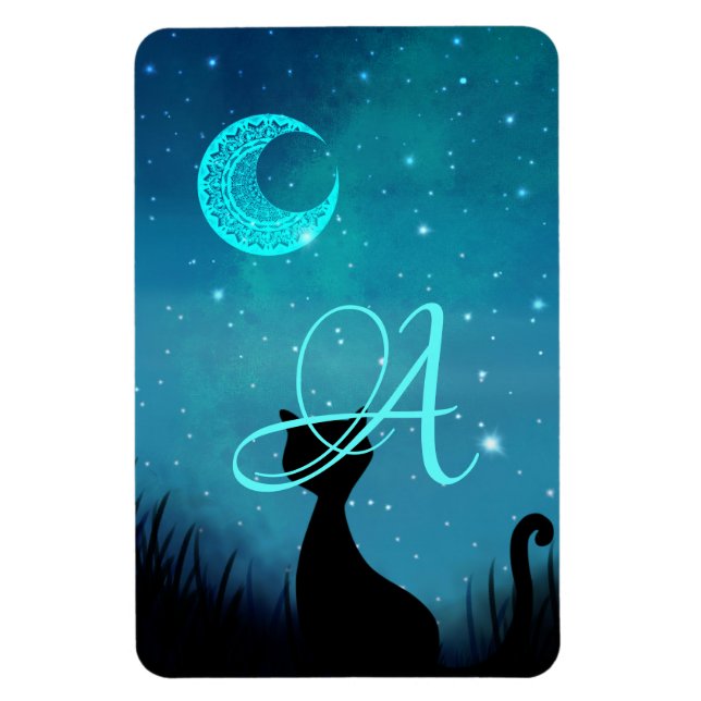Modern illustration av Monogram svart katt Starry  Magnet (Vertikal)