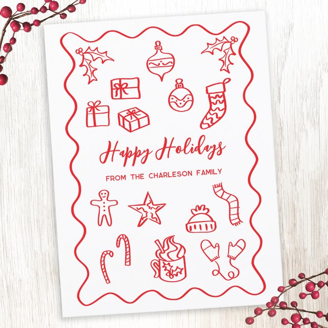 Modern illustration av skript - doodle Red and Whi Helg Vykort (Fun hand drawn scribble doodle red and white personalized custom text Christmas holiday card)