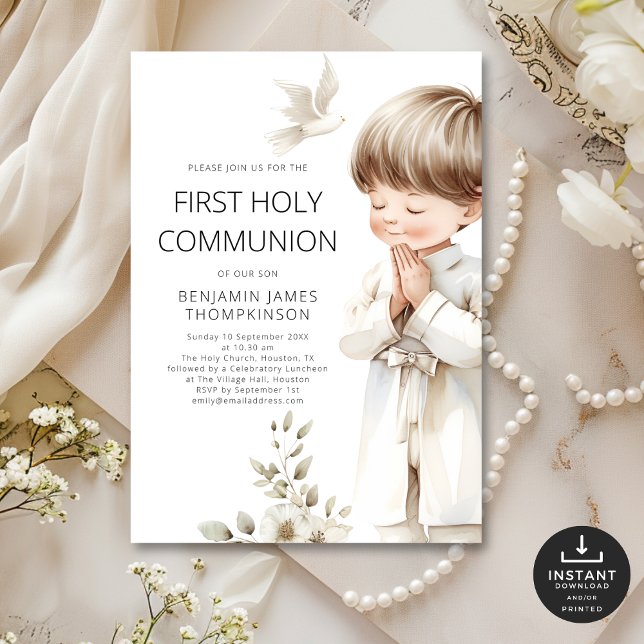 Modern illustration Boy Praying 1st Heliga Communi Inbjudningar (Skapare uppladdad)