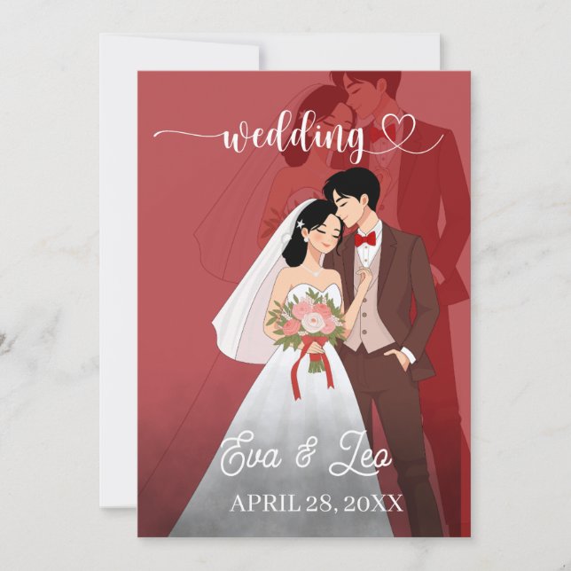 Modern Illustrerad Bröllopsinbjudan för Paret Spara Datumet (Framsida)