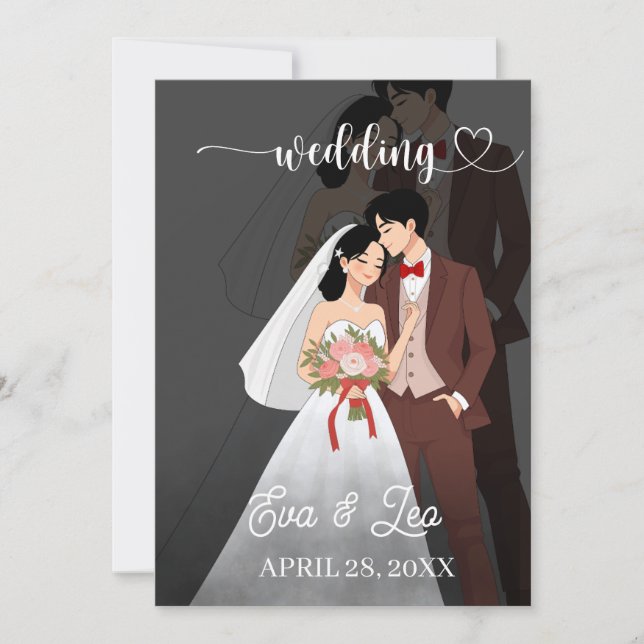 Modern Illustrerad Bröllopsinbjudan för Paret Spara Datumet (Framsida)