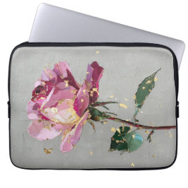 Modern Impressionistisk Guldblad Rosa Ros Oljemåln Laptop Fodral