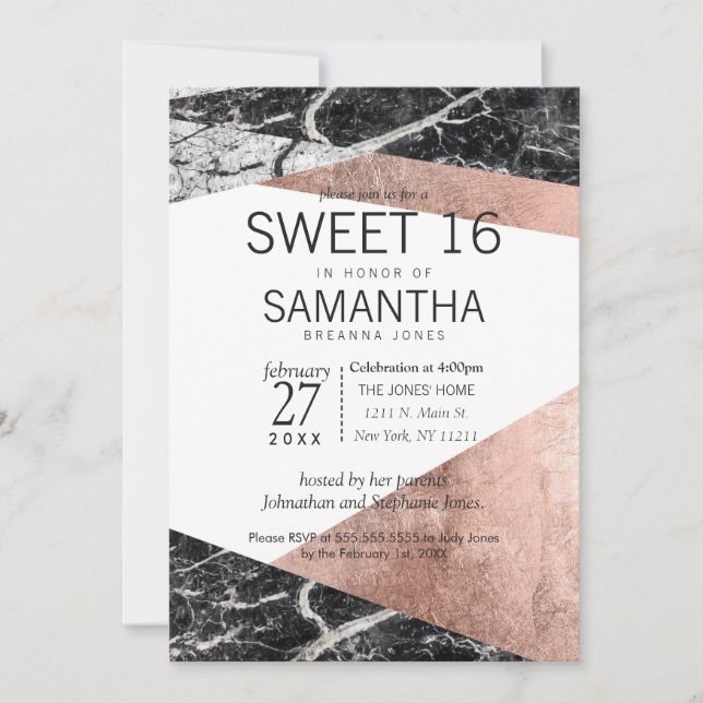 Modern inbjudan Ro Guld och Marble Sweet 16 (Framsida)