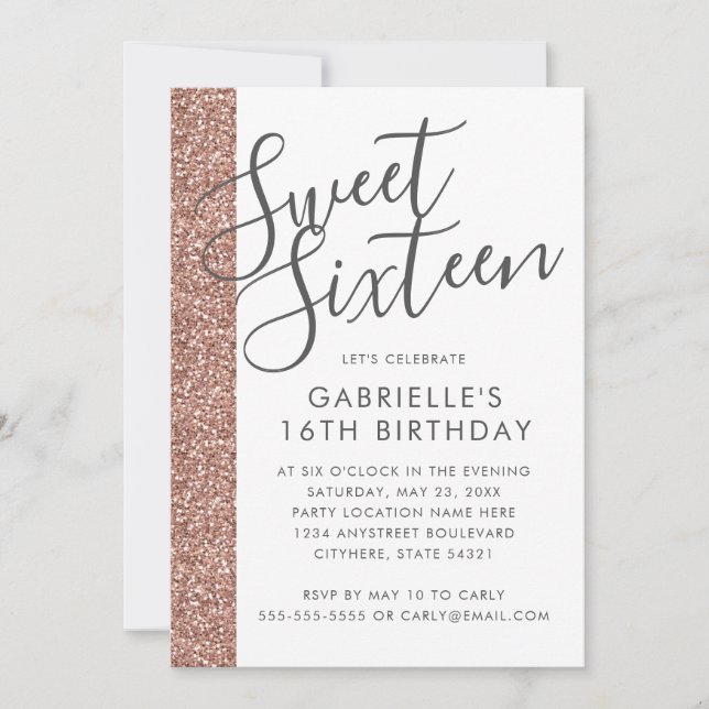 Modern inbjudan Ro Guld Rosa Glitter Sweet 16 (Framsida)