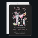 Modern inbjudan till 40:e födelsedagsgruppen<br><div class="desc">Modern Glittery 40:e födelsedagsinbjudan - med mousserande cocktails med modern typografi med lite glitter som kastas in. Silver och  rosa är dramatiska i svart omgivning. Baksidan av inbjudan är att samordna glitter för en festlig beröring.</div>