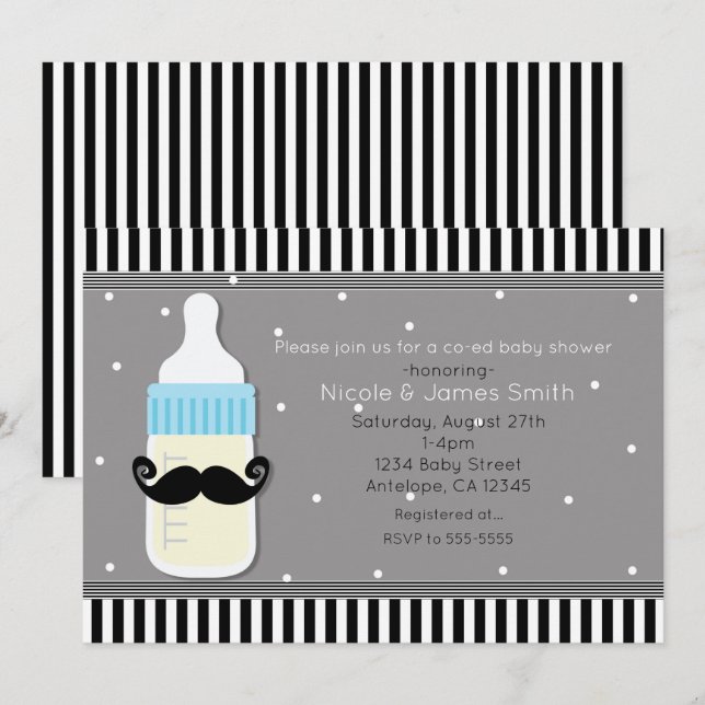 Modern inbjudan till Baby Shower Flaska & Mustache (Fram/baksida)