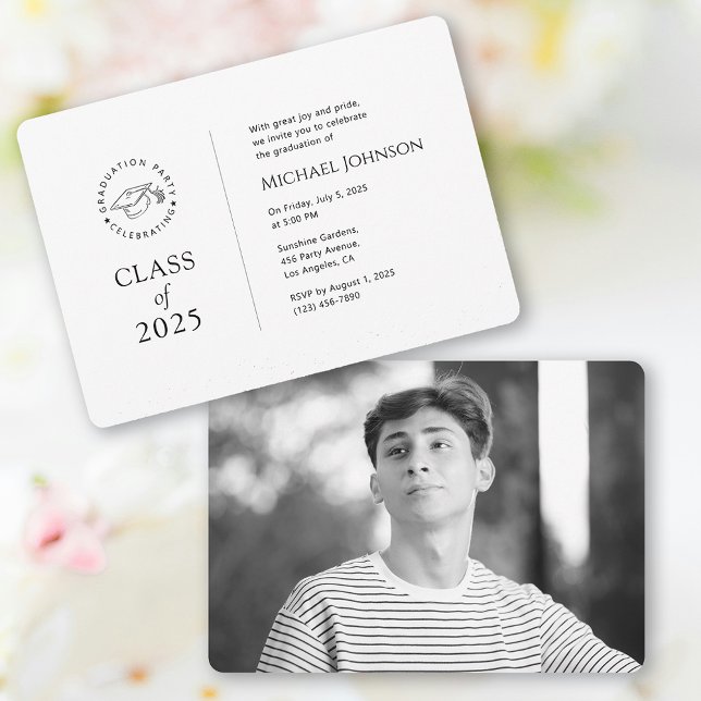 Modern inbjudan till Black & White Grad Party 2025 (Modern simple Black & White Grad Party Invitation 2025)