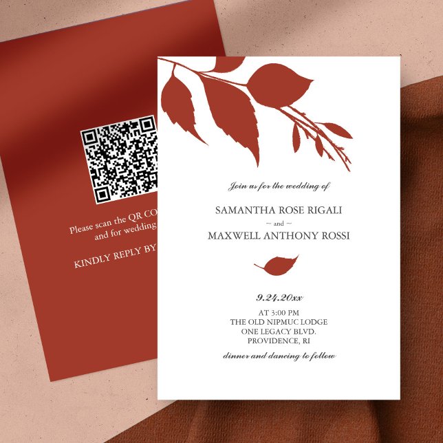 Modern inbjudan till budgetbröllop med QR-kod (QR code wedding invitation botanical orange leaves minimalistic)