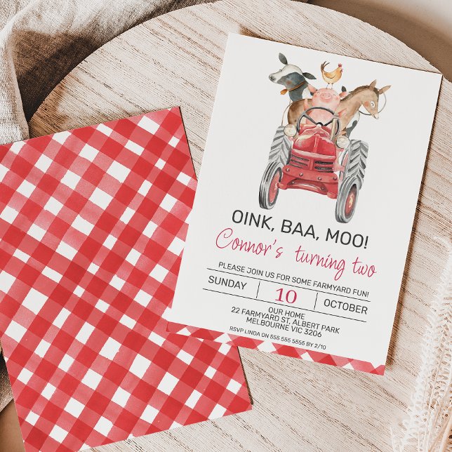 Modern inbjudan till daglig vattenfärgsboys från g (Modern farm themed birthday invitation featuring some cute farm animals and red tractor.)