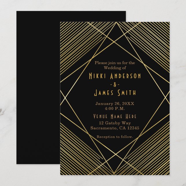 Modern inbjudan till Eleganten Guld & Black Glam D (Fram/baksida)
