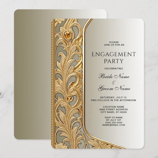 Modern inbjudan till Förlovning i Guld Ornate (Fram/baksida)