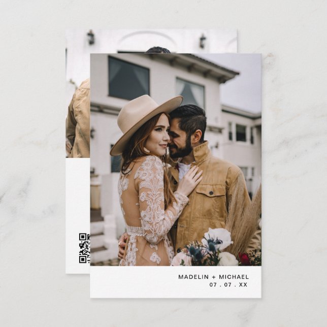 Modern inbjudan till fotobröllop med QR-kod (Fram/baksida)
