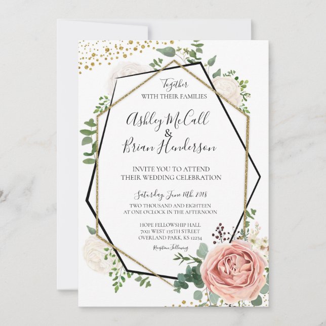 Modern inbjudan till Geometric Wedding i Guld och  (Framsida)