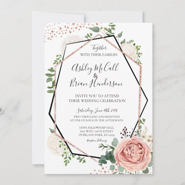 Modern inbjudan till Geometric Wedding Ro i Guld (Framsida)