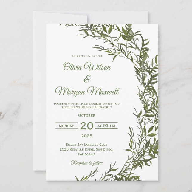 Modern inbjudan till Greenery Wedding i vattenfärg (Framsida)