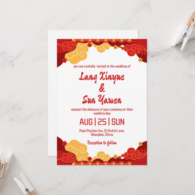 modern inbjudan till guld chinese-bröllop (Fram/Back In Situ)