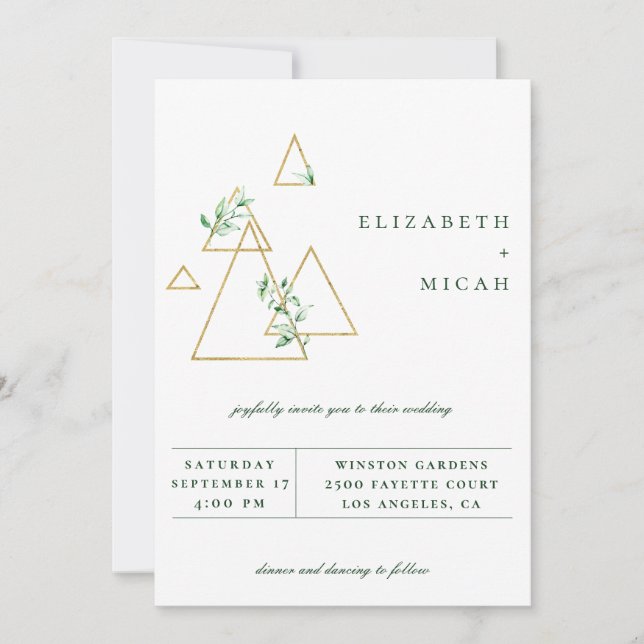 Modern inbjudan till Guld Geometric Greenery Weddi (Framsida)