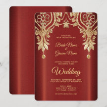 Modern inbjudan till Guld Red Blommigt Wedding