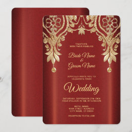 Modern inbjudan till Guld Red Blommigt Wedding