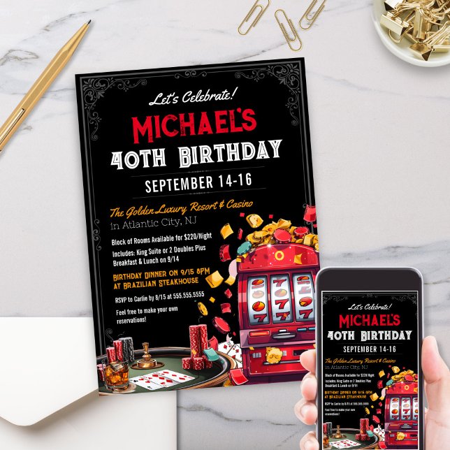 Modern inbjudan till kasino-tema för spel på födel (Elegant Modern Casino Theme Destination Birthday Invitation with Slot Machines, Cards and Poker)