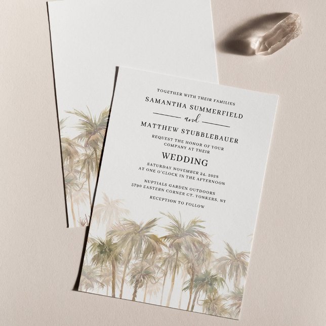 Modern inbjudan till kustbröllop i Handflatan Träd (Palm Trees Beach Wedding Invitation)