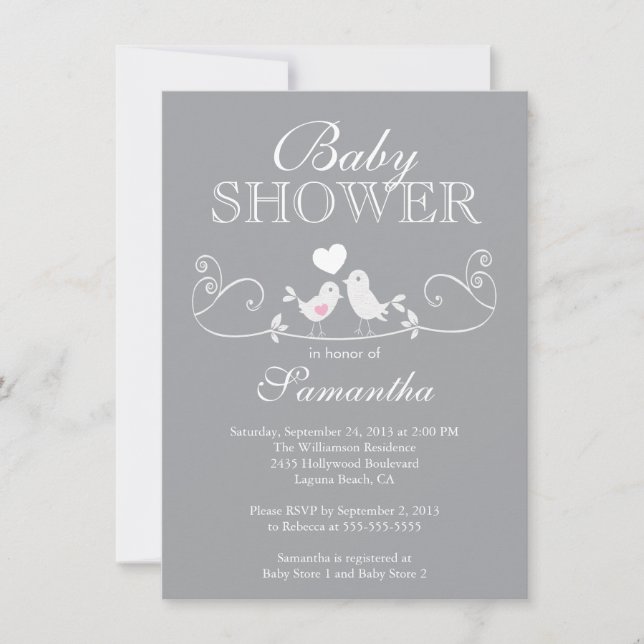 Modern inbjudan till Love birds Girls Baby Shower (Framsida)