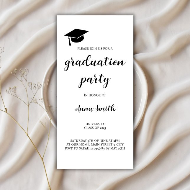 Modern inbjudan till minimal Studentfest (graduation party invitation minimalist simple grad cap black and white)