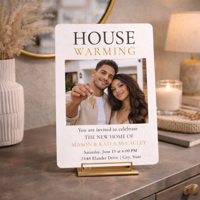 Modern inbjudan till nytt hem (Modern new home celebration with neutral tones, gold text, and photo layout with key detail)