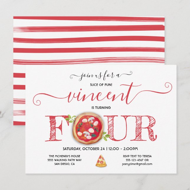Modern inbjudan till Pizza Party 4e födelsedagen (Fram/baksida)