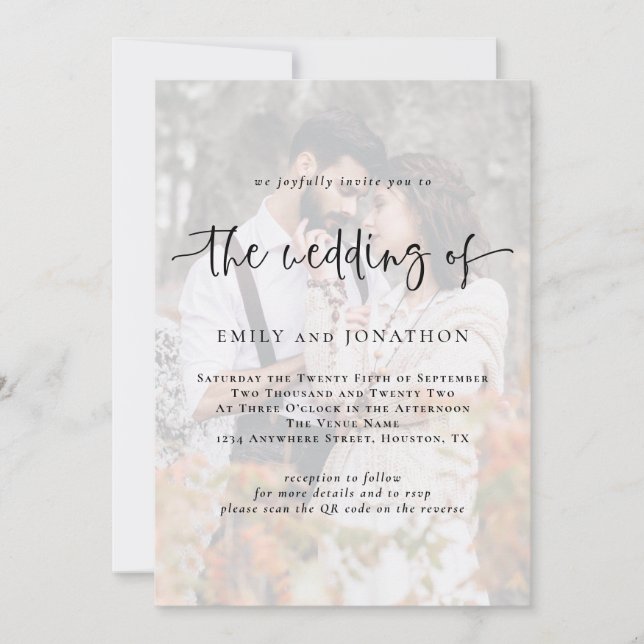 Modern inbjudan till QR-kodbröllop för fotoöverläg (Framsida)