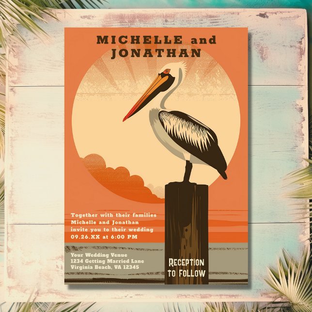 Modern inbjudan till Retro Pelican Beach Wedding (Front - Modern Retro Pelican Beach Wedding Invitation)