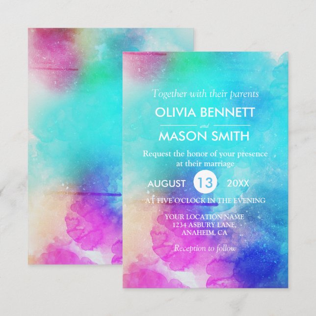 Modern inbjudan till Rosa Löv Watercolor Wedding (Fram/baksida)