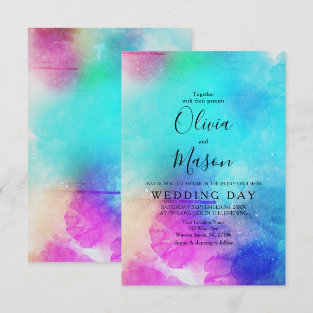 Modern inbjudan till Rosa Löv Watercolor Wedding (Fram/baksida)