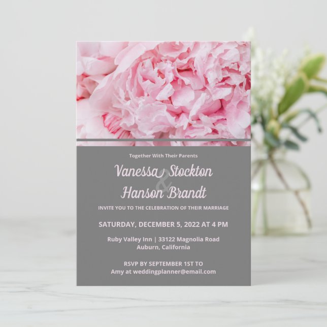 Modern inbjudan till Rosa Peony bröllop (Stående Fram)