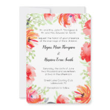 Modern inbjudan till rött blomsterbröllop med vatt