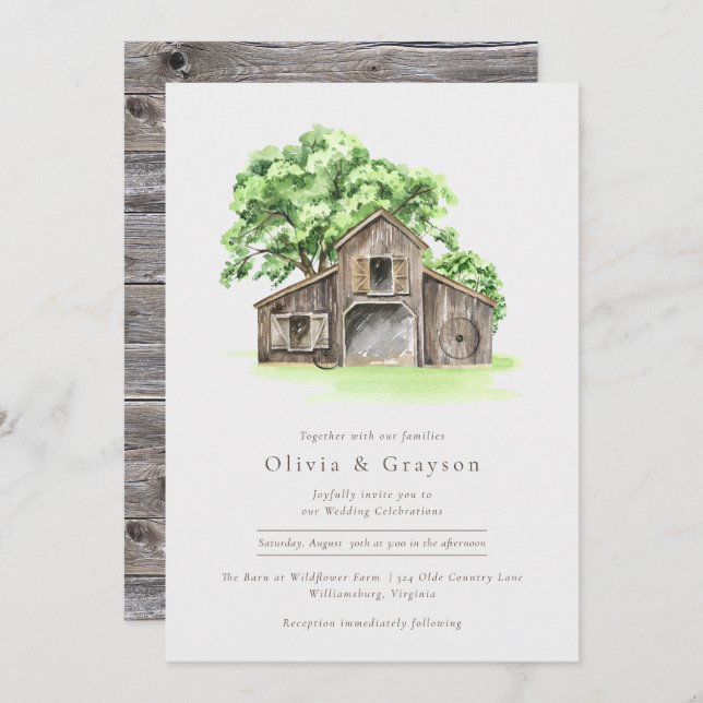 Modern inbjudan till Rustic Barn-bröllop med vatte (Fram/baksida)