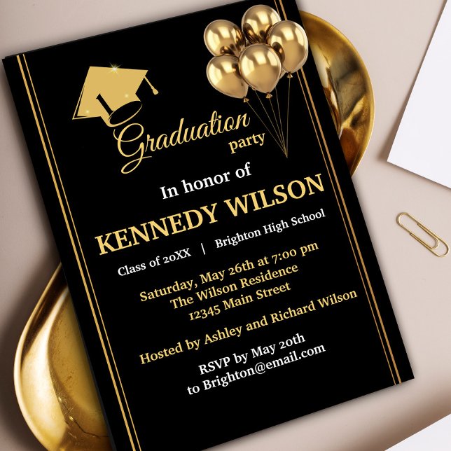 Modern inbjudan till Studentfesten Black Guld (Celebrate your graduation in style with this Gold Sparkles Graduation Party Invitation. #sparkles)