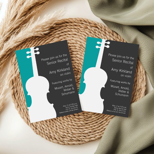 Modern inbjudan till Violin/Violas skäl - blå (Modern violin customizable senior music recital invitation.)
