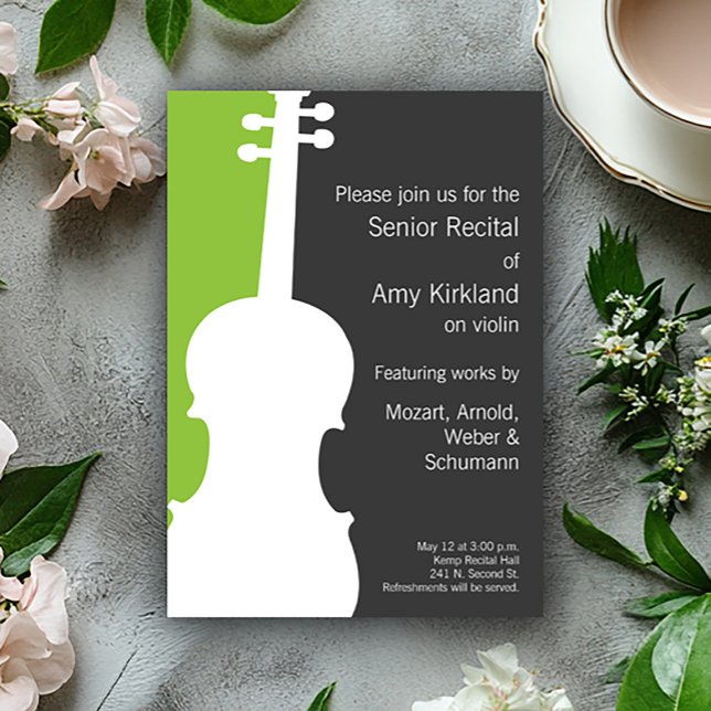 Modern inbjudan till Violin/Violas skäl - Grönt (Modern violin senior recital invitations in green.)