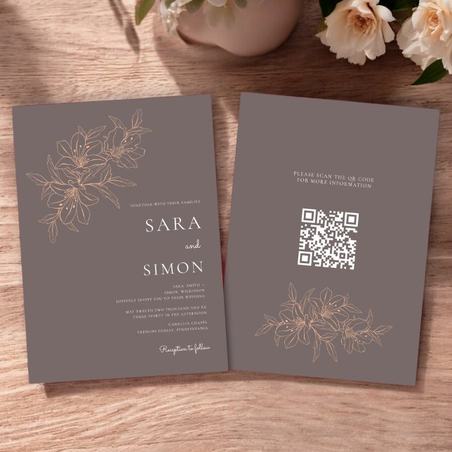 Modern inbjudning till blommigt för rustik persiko inbjudningar (modern rustic peach floral wedding invitation with qr code for your wedding website )