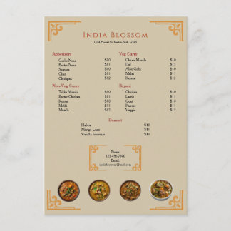  Modern Indian Restaurant Gold Border Flat Menu Meny