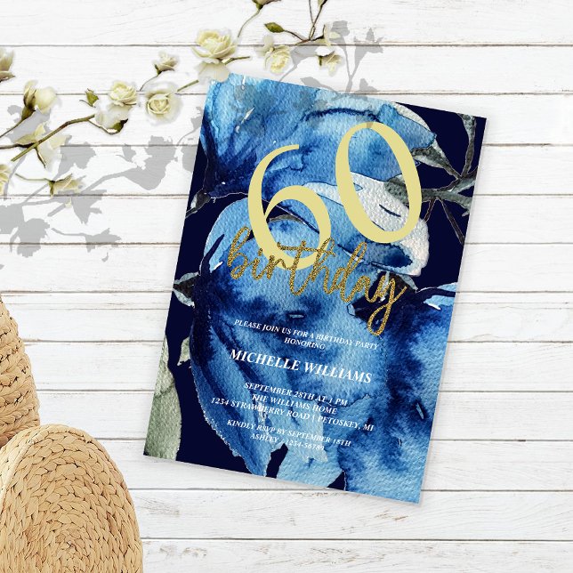 Modern Indigo Blommig Glitter Kalligrafi Inbjudningar (Skapare uppladdad)