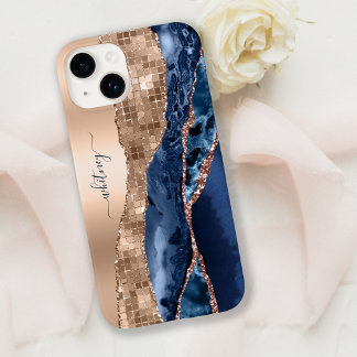 Modern indigo Blue Agate & Ro Guld Confetti Löv