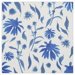 Modern Indigo Blue Cone Flowers on White Tyg