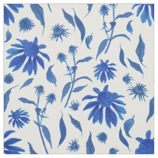 Modern Indigo Blue Cone Flowers on White Tyg