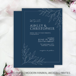 Modern Indigo Blue Foliage Outline Bröllop Inbjudningar