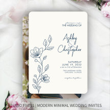 Modern Indigo Blue Foliage Outline Photo Bröllop
