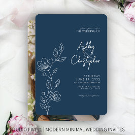 Modern Indigo Blue Foliage Outline Photo Bröllop Inbjudningar